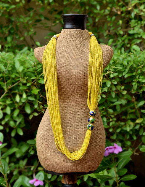 Blue Pottery Three Bead Side Necklace In Yellow